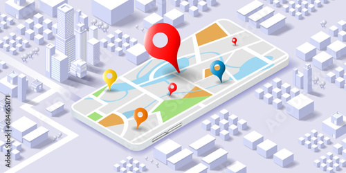 Maps and navigation online with pointer Marker Location on mobile. Mobile GPS, City isometric plan with road and buildings, Travel, World Map. Isometric smart city concept. 3d vector illustration