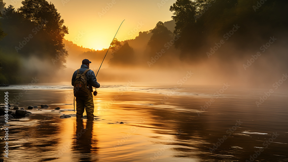 Man fishing in the river in the morning.