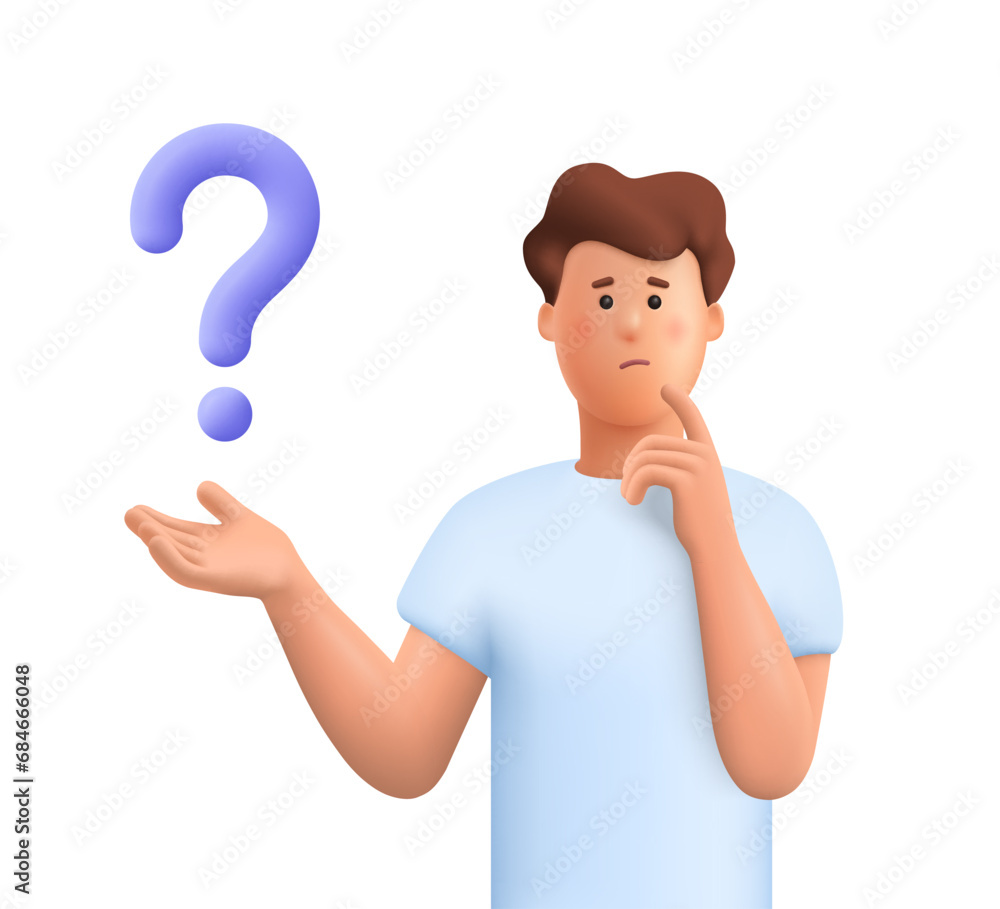 Confused man thinking in a thoughtful pose with question mark. Choice, problem solving concept. 3d vector people character illustration. Cartoon minimal style. Confused man thinking in a thoughtful pose with question mark. Choice, problem solving concept. 3d vector people character illustration. Cartoon minimal style.