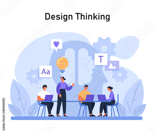 Design Thinking process illustration. Team collaborates on creative solutions, surrounded by symbols of innovation, communication, and design elements. Flat vector illustration