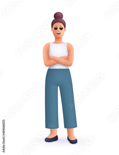 Young smiling woman standing with crossed arms pose and with sunglasses. 3d vector people character illustration. Cartoon minimal style.