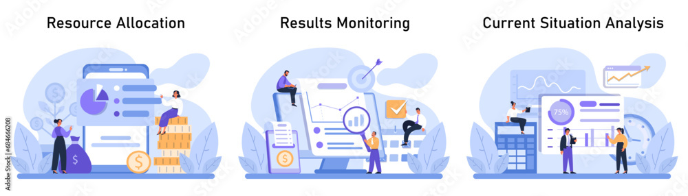 Business Analysis set. Teams navigating financial growth, monitoring performance, and evaluating current market trends. Resource allocation, results tracking, current situation assessment. Flat vector Business Analysis set. Teams navigating financial growth, monitoring performance, and evaluating current market trends. Resource allocation, results tracking, current situation assessment. Flat vector