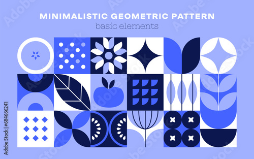 Geometric natural eco pattern. Minimal flower fruit plant simple shapes, abstract banner agriculture concept. Vector modern illustration photo