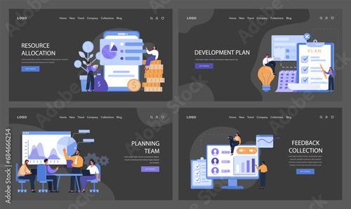 Business Strategy Set. Professionals manage resources, devise plans, collaborate in teams, and gather feedback. Resource allocation, development roadmap, team strategy, and data analysis. Flat vector.