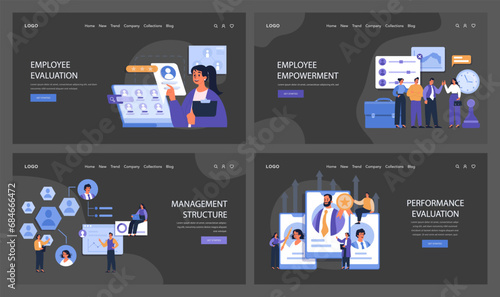 Workplace Dynamics set. Teams collaborate on employee evaluations, empowerment initiatives, management structures, and performance reviews. Decision-making, leadership, and growth. Flat vector.