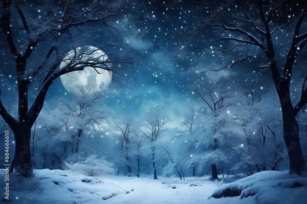 Fairy forest covered with snow in a moon light. Milky way in a starry sky. Christmas and New Year winter night - obrazy, fototapety, plakaty 