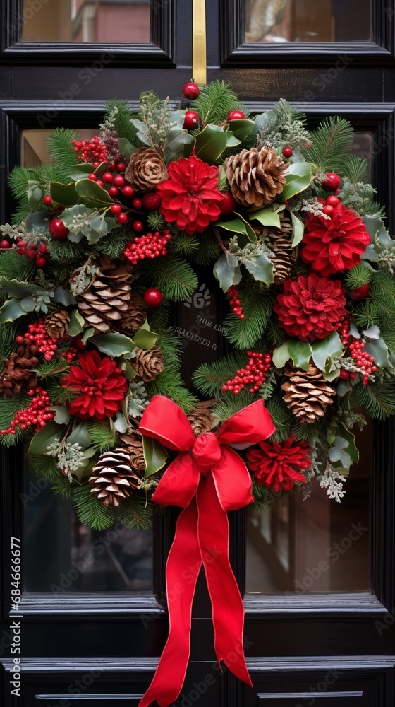 Beautiful Christmas Wreath Adorning a Front Door. Festive Elegance Beautiful Christmas Wreath Adorning a Front Door. Festive Elegance