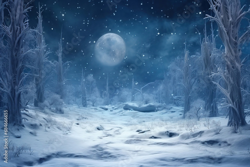 Fairy forest covered with snow in a moon light. Milky way in a starry sky. Christmas and New Year winter night © arhendrix