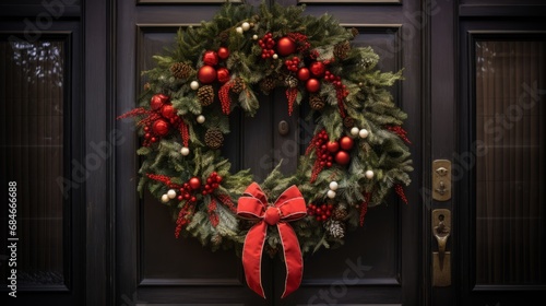 Beautiful Christmas Wreath Adorning a Front Door. Festive Elegance