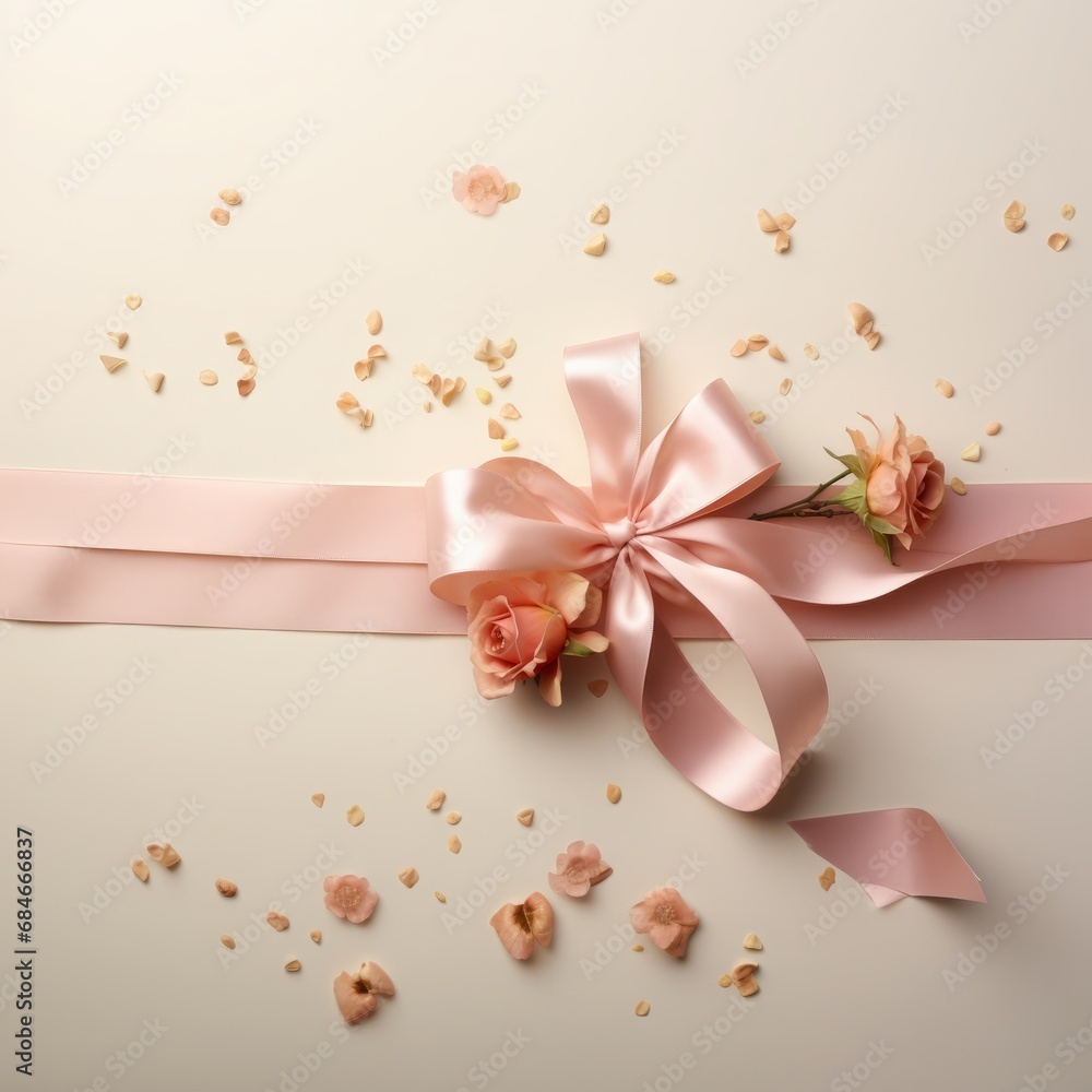 pink ribbon with flowers, pink and orange petals. wedding card concept, space for text pink ribbon with flowers, pink and orange petals. wedding card concept, space for text