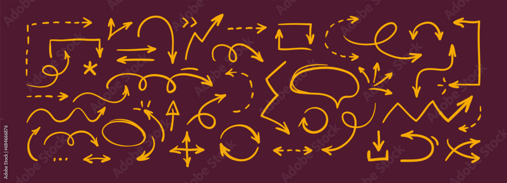 Set of thin doodle hand drawn arrows. Collection of isolated cartoon sketchy arrows, symbols, signs, icons, design elements. Simple vector graphical illustration. Set of thin doodle hand drawn arrows. Collection of isolated cartoon sketchy arrows, symbols, signs, icons, design elements. Simple vector graphical illustration.