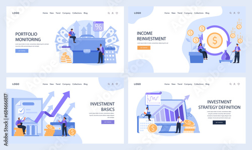 Financial Planning web or landing set. Assets portfolio monitoring, income reinvestment, and investment basics. Strategies for defining a robust investment plan. Flat vector illustration.