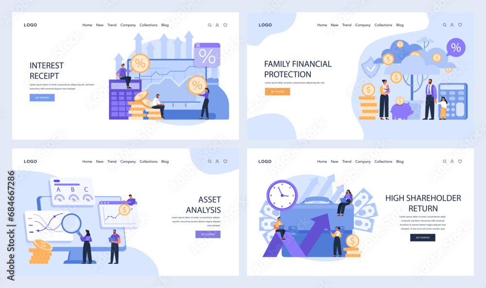 Investment objectives web or landing set. Interest receipt, family financial protection, asset analysis, and high shareholder return. Essential online finance concepts. Flat vector illustration Investment objectives web or landing set. Interest receipt, family financial protection, asset analysis, and high shareholder return. Essential online finance concepts. Flat vector illustration