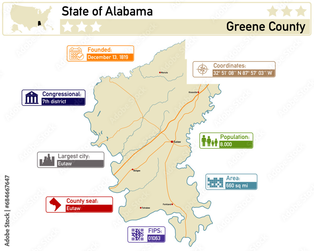 Detailed infographic and map of Greene County in Alabama USA.