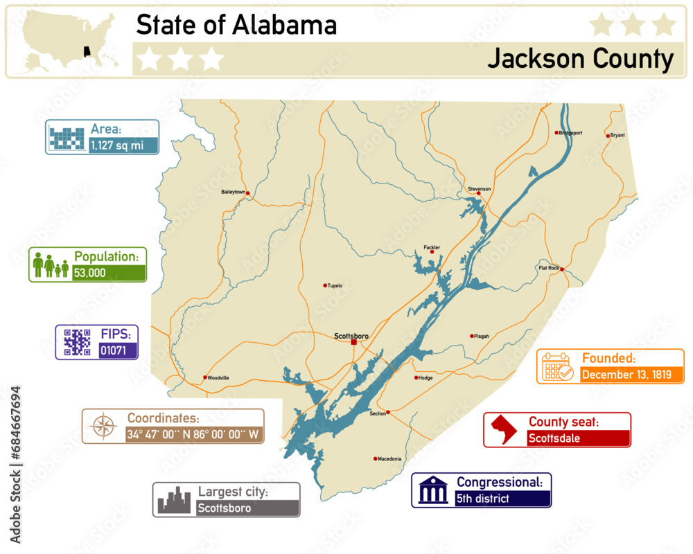 Detailed infographic and map of Jackson County in Alabama USA.