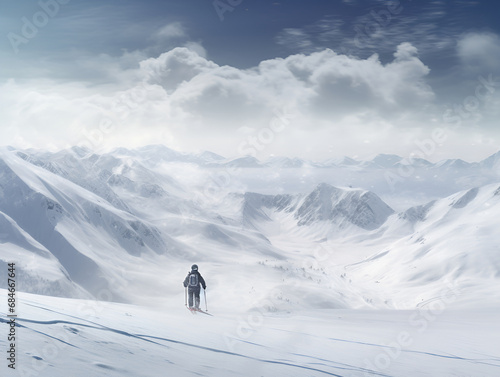 snowy mountain with person standing in the middle skiing. Generative AI