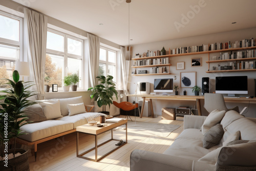 Modern home office in the living room, Convenient, comfortable, nice place to work, Remote work from home, Minimal interior decor design background.