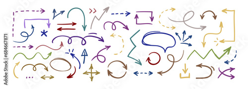 Set of thin doodle hand drawn arrows. Collection of isolated cartoon sketchy arrows, symbols, signs, icons, design elements. Simple vector graphical illustration.