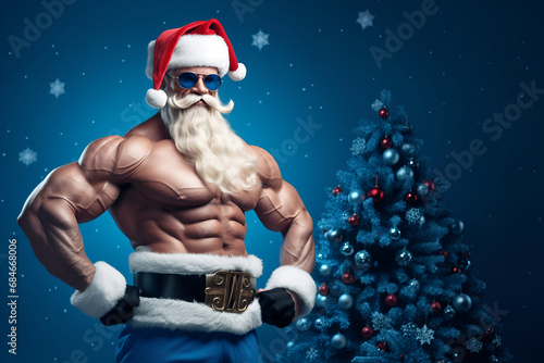 Sexy and muscular Santa Claus showing his muscles. Generative AI photo