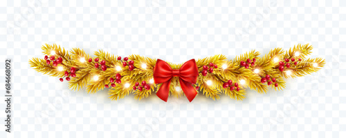 Christmas tree border with golden fir branches, red bow, berries and lights isolated on transparent background. Pine, xmas gold evergreen plants decoration. Vector string garland decor