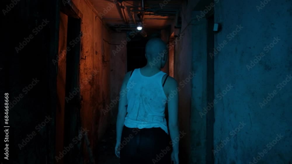 A bald woman who is a drug addict feels withdrawal symptoms without drugs. Old basement in neon light. Hopeless drug addict A bald woman who is a drug addict feels withdrawal symptoms without drugs. Old basement in neon light. Hopeless drug addict