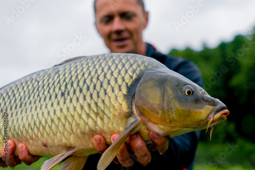 Fototapeta Naklejka Na Ścianę i Meble -  portrait of a satisfied professional fisherman holding a carp on the bank of a river fishing in a pond with a good catch