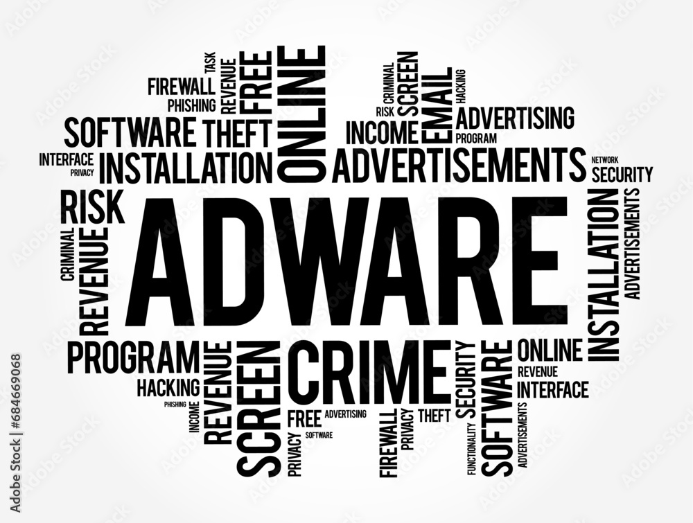 Fototapeta premium Adware - unwanted software designed to throw advertisements up on your screen, word cloud text concept background