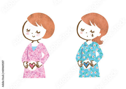 妊娠を喜ぶ女性と、流産して悲しむ女性のイメージイラスト