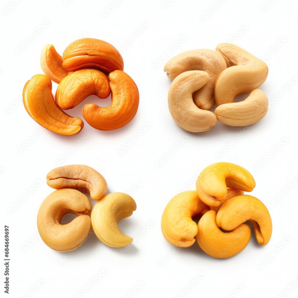 Four Varieties of Nuts Arranged Neatly on a Clean White Surface Four Varieties of Nuts Arranged Neatly on a Clean White Surface