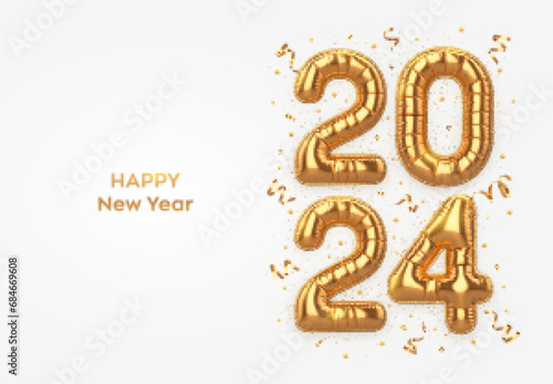 Happy New Year 2024. Golden foil balloon numbers on white background. High detailed 3D realistic gold foil helium balloons. Merry Christmas and Happy New Year 2024 greeting card. Vector illustration.
