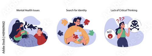 Teenage challenges set. Facing emotional turmoil, quest for self-discovery, and dangers of ignorance. Mental struggles, personal journey, decision-making confusion. Flat vector illustration