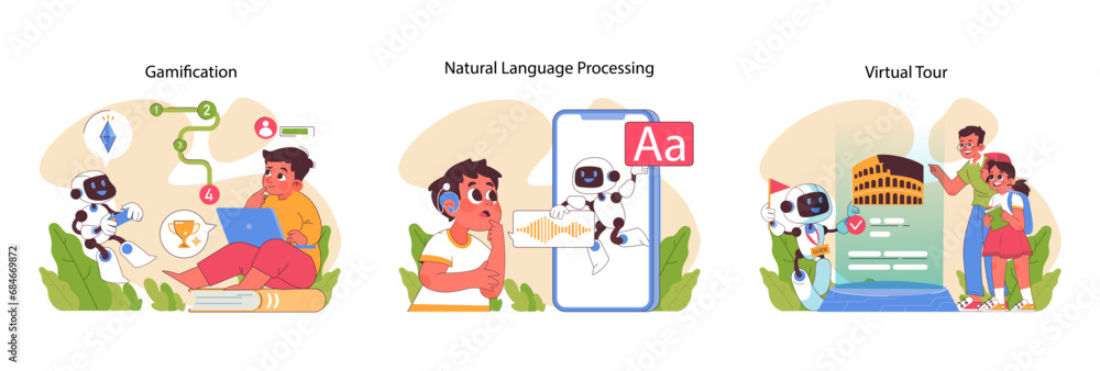 Engaging AI in Education set. Making learning fun through gamification. Understanding language with AI. Exploring history with virtual tours. Flat vector illustration