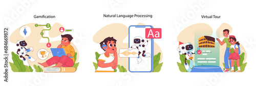 Fototapeta Naklejka Na Ścianę i Meble -  Engaging AI in Education set. Making learning fun through gamification. Understanding language with AI. Exploring history with virtual tours. Flat vector illustration
