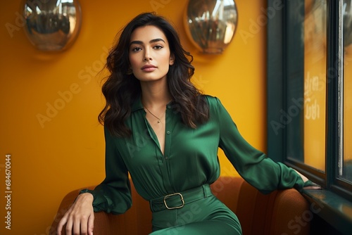 An elegant model in a striking emerald green jumpsuit, confidently posing against a mustard yellow wall.