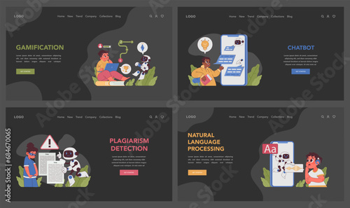 AI in Education set. Interactive learning with technology. Plagiarism detection, test automation, gamification for engagement. Innovative virtual experiences. Flat vector illustration