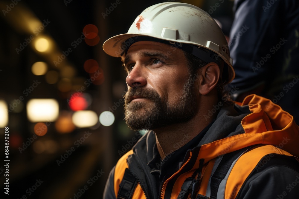 Masculine construction worker in a hard hat at a building site. Engineer, employee. Collaborative worker. Construction space. Masculine construction worker in a hard hat at a building site. Engineer, employee. Collaborative worker. Construction space.