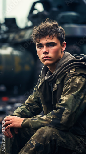 Portrait of a young soldier in a military uniform sitting on the ground in a warzone