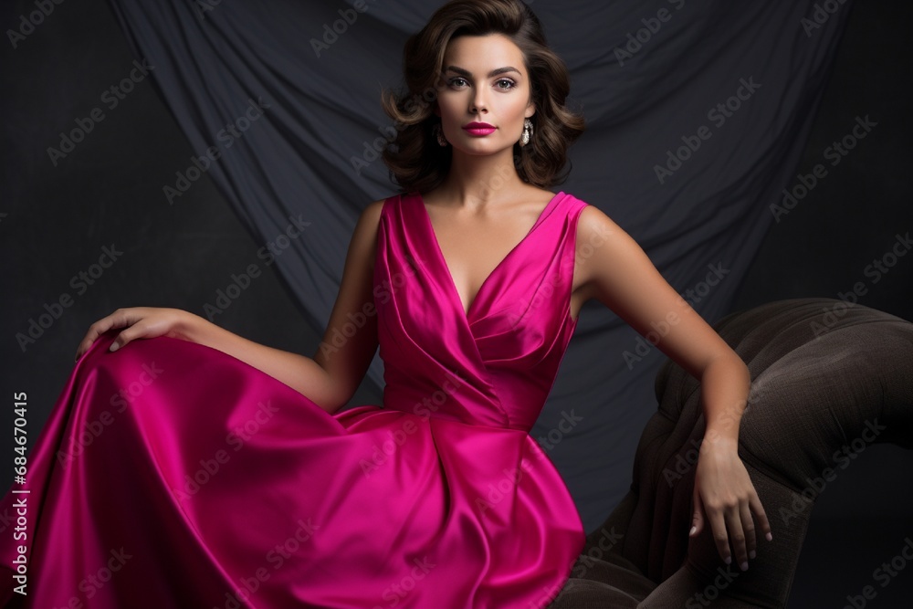 An elegant model in a vibrant fuchsia dress, gracefully positioned against a chic charcoal gray backdrop. An elegant model in a vibrant fuchsia dress, gracefully positioned against a chic charcoal gray backdrop.
