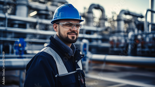 Portrait of a male engineer in a blue helmet and glasses standing in an industrial chemical plant 