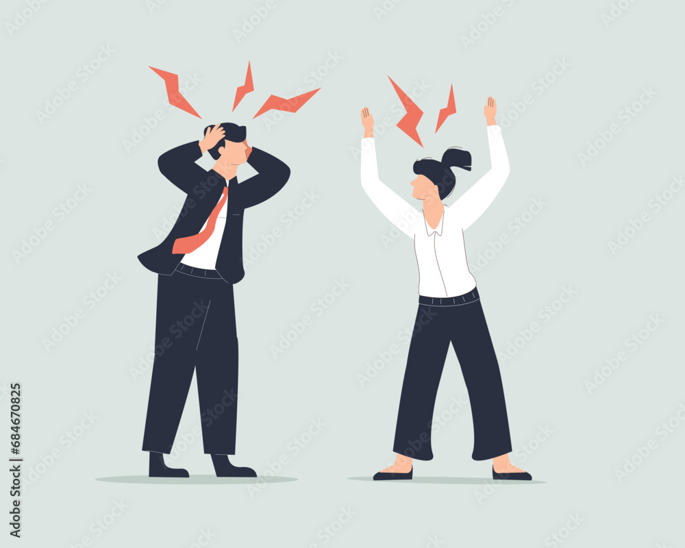 Man and woman office workers characters quarreling. Vector flat cartoon illustration. Conflict between coworkers. Tensed Man and woman office workers characters quarreling. Vector flat cartoon illustration. Conflict between coworkers. Tensed
