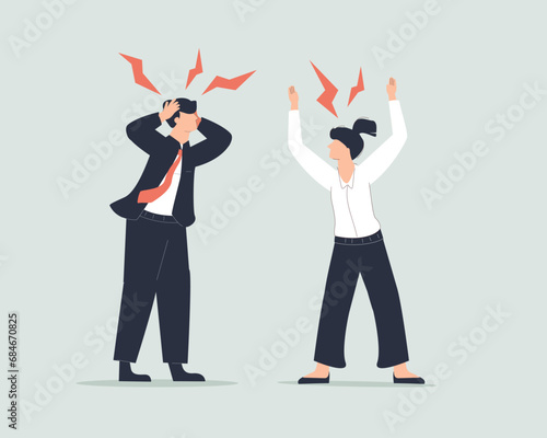 Man and woman office workers characters quarreling. Vector flat cartoon illustration. Conflict between coworkers. Tensed
