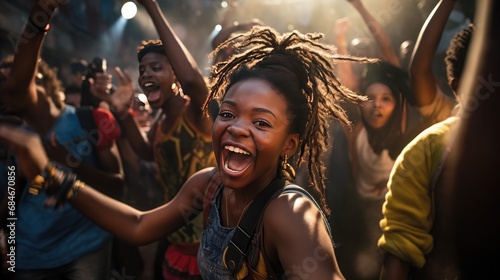 Portrait of cheerful young woman enjoying at music festival. A young african american woman is dancing at a concert having a good time at an open air venue in the night. photo