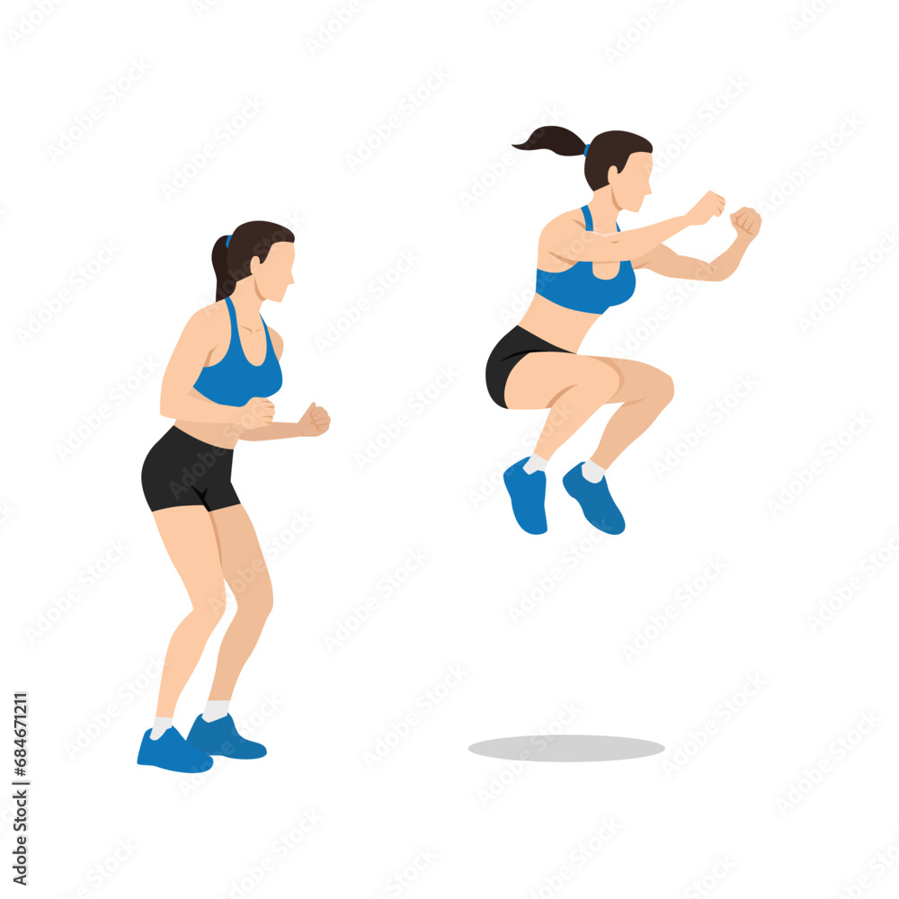 Woman doing Knee tuck jumps exercise. Flat vector illustration isolated on white background. Woman doing Knee tuck jumps exercise. Flat vector illustration isolated on white background.