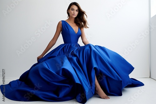 An elegant pose of a model in a royal blue gown, exuding grace and poise against a clean and modern white background.