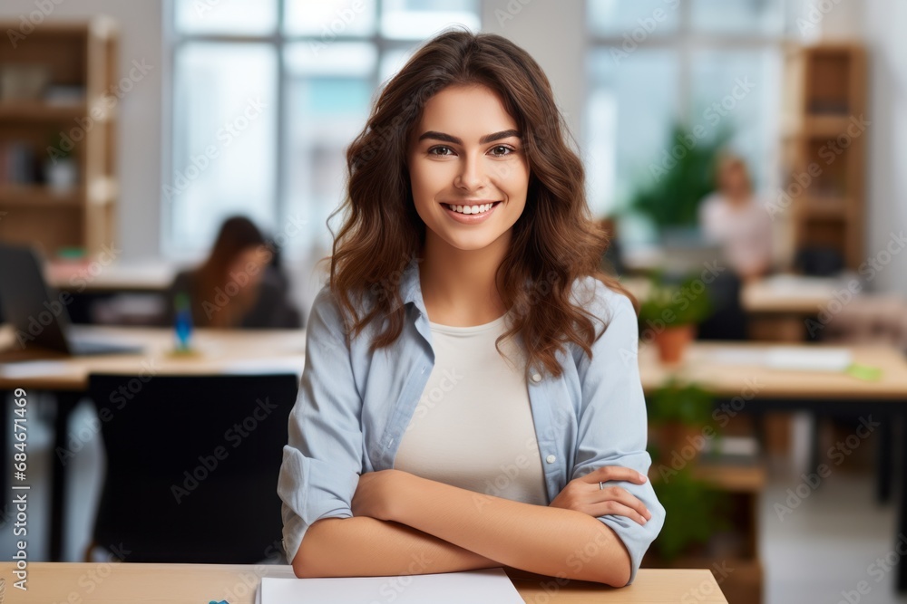 Professional Poise: Young Woman in Modern Office Setting Professional Poise: Young Woman in Modern Office Setting