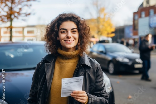 Excited Young Woman Holding Her New Driver’s License in the City photo