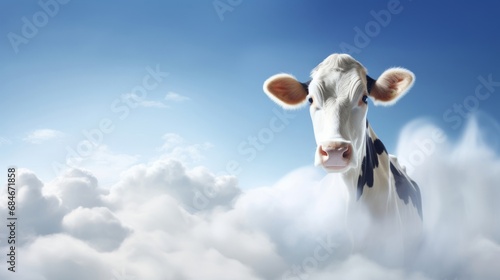 A Majestic Cow Gazing at the Camera Amidst the Fluffy Clouds