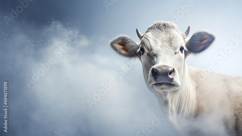 A Majestic White Cow Standing Proudly Amidst the Serene Beauty of a Cloud-Filled Sky