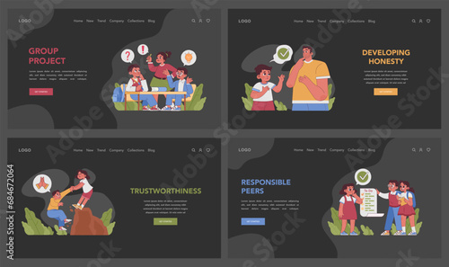 Child Responsibility concept. Teaching kids daily tasks, honest communication, and teamwork. Scenes of feeding pets, decision-making, and goal setting. Flat vector illustration