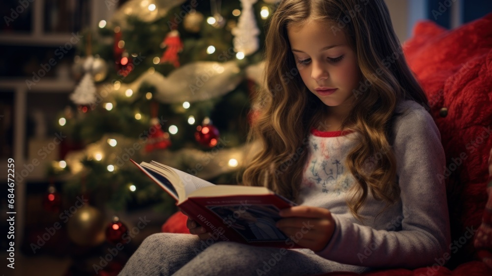 Christmas reading, Festive Reads. Girl read book near Christmas tree at cozy home lights at night. Christmas Books For All The Family. Best Holiday and Christmas Books for kids. Christmas reading, Festive Reads. Girl read book near Christmas tree at cozy home lights at night. Christmas Books For All The Family. Best Holiday and Christmas Books for kids.